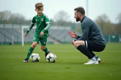 Jeune footballeur adolescent s'entraînant avec son coach sur un terrain de football en Essonne, accompagnement FFF 91