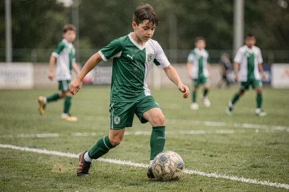Jeune footballeur en maillot de club normand s'entraînant sur un terrain de la ligue FFF Calvados