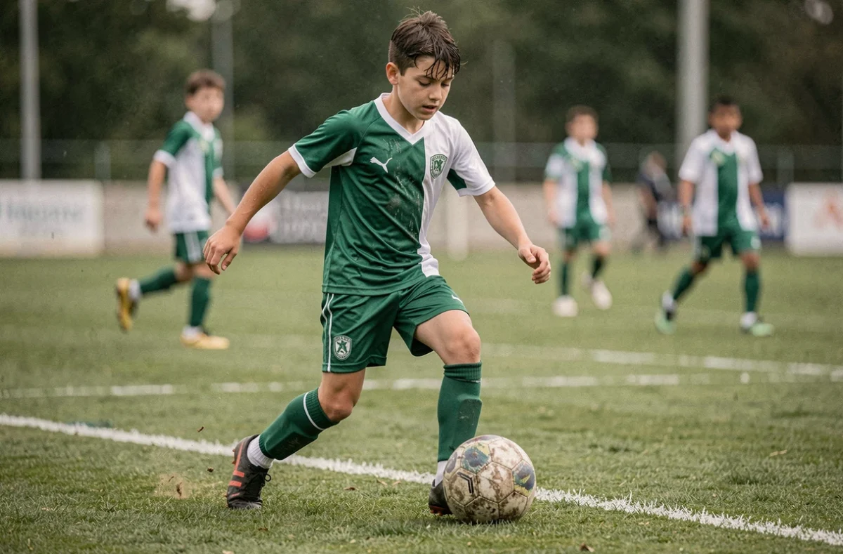Jeune footballeur en maillot de club normand s'entraînant sur un terrain de la ligue FFF Calvados