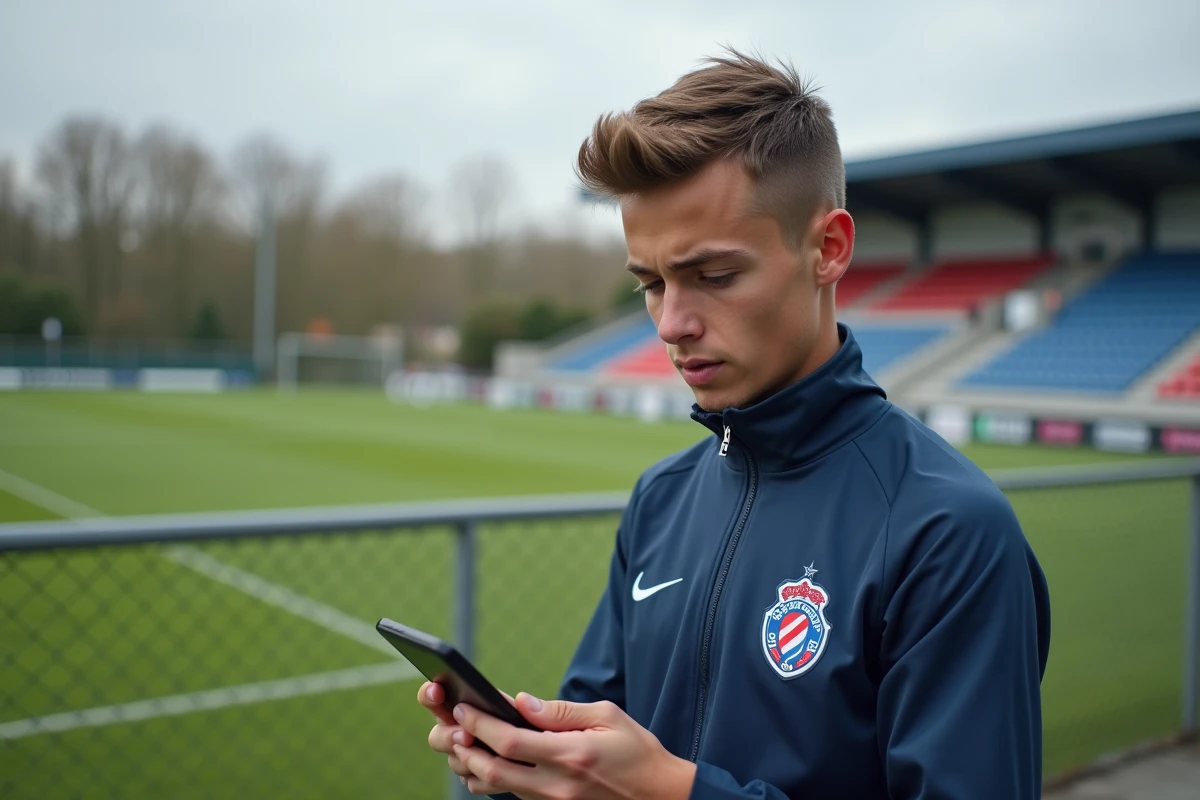 Jeune joueur de football surpris lisant le tirage