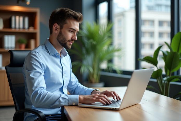 jeune-homme-analytique-bureau Jeune homme d'affaires analysant des données sur un ordinateur portable