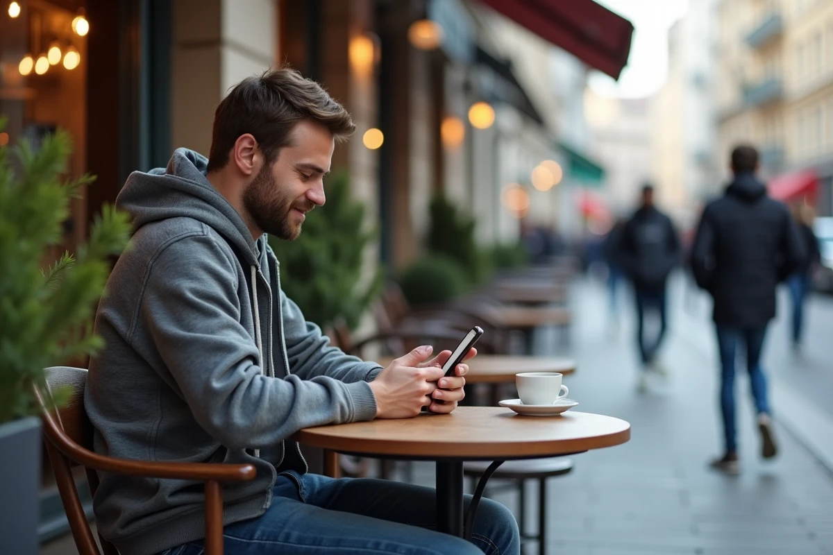 Jeune homme lisant actualites de catch en extérieur