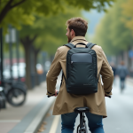 Astuce pour transporter son portable en vélo : options et conseils pratiques Jeune homme souriant à vélo en ville avec sac à dos