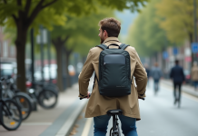 Astuce pour transporter son portable en vélo : options et conseils pratiques Jeune homme souriant à vélo en ville avec sac à dos