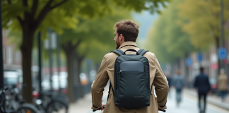 Astuce pour transporter son portable en vélo : options et conseils pratiques Jeune homme souriant à vélo en ville avec sac à dos