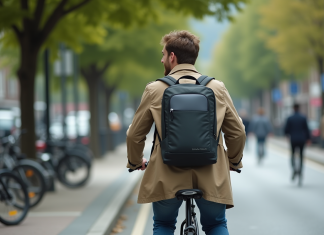 Astuce pour transporter son portable en vélo : options et conseils pratiques Jeune homme souriant à vélo en ville avec sac à dos