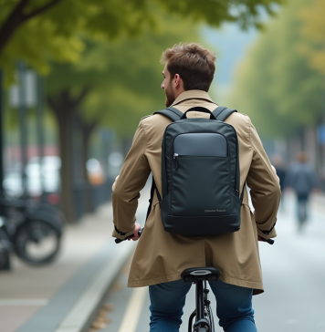 Jeune homme souriant à vélo en ville avec sac à dos