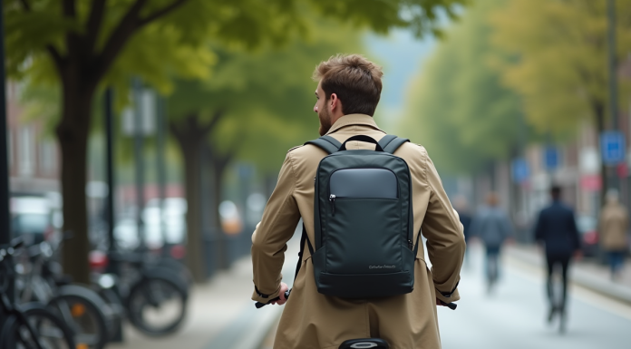 Astuce pour transporter son portable en vélo : options et conseils pratiques Jeune homme souriant à vélo en ville avec sac à dos