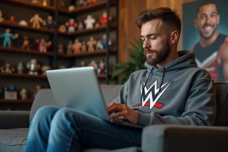 Jeune homme en hoodie WWE lisant des actualites de wrestling