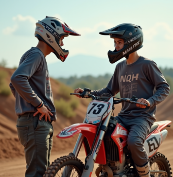 Jeune homme inspectant une moto de motocross 150cc en plein air
