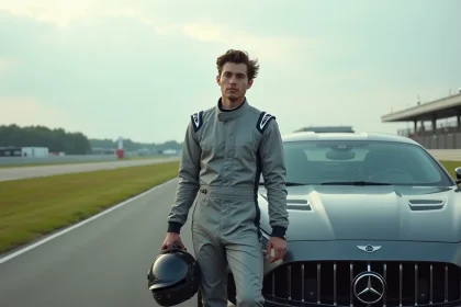 Jeune homme en combinaison de course avec casque à la main près d'une voiture de sport sur circuit