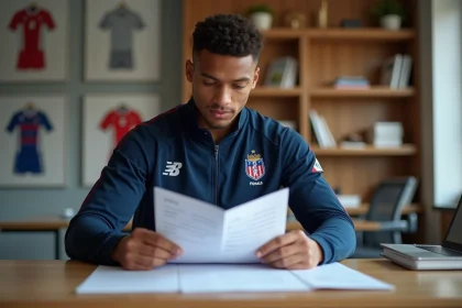 Jeune rugbyman français examine son contrat dans un bureau moderne