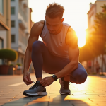 Jeune sportif attachant ses chaussures de course au lever du soleil en ville