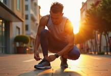 Jeune sportif attachant ses chaussures de course au lever du soleil en ville