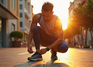 Jeune sportif attachant ses chaussures de course au lever du soleil en ville