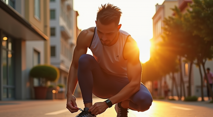 Jeune sportif attachant ses chaussures de course au lever du soleil en ville