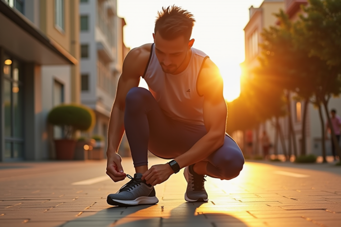 Jeune sportif attachant ses chaussures de course au lever du soleil en ville