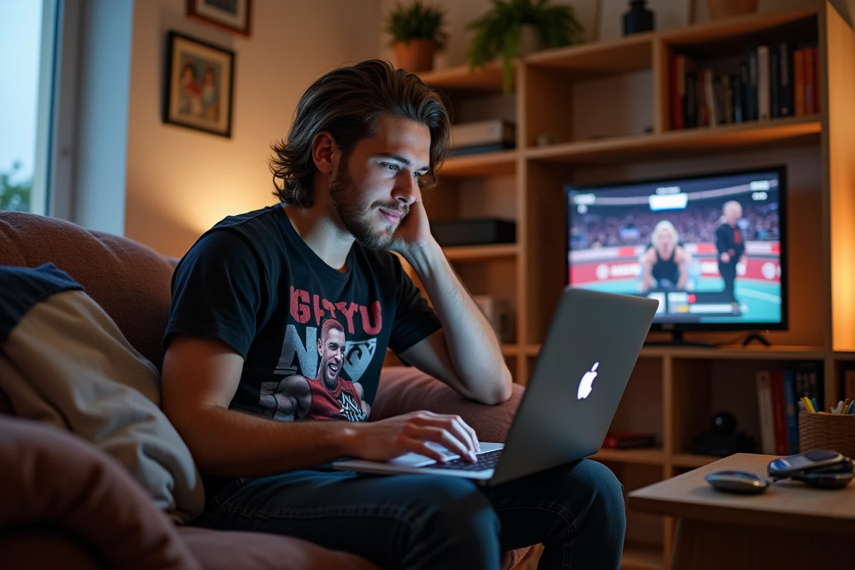 Adolescent regardant un match de catch sur son ordinateur