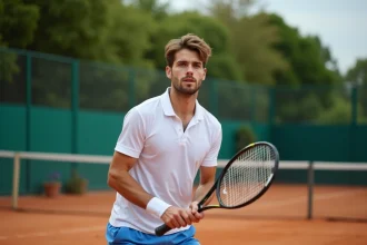 Jeune joueur de tennis en action sur court en terre battue