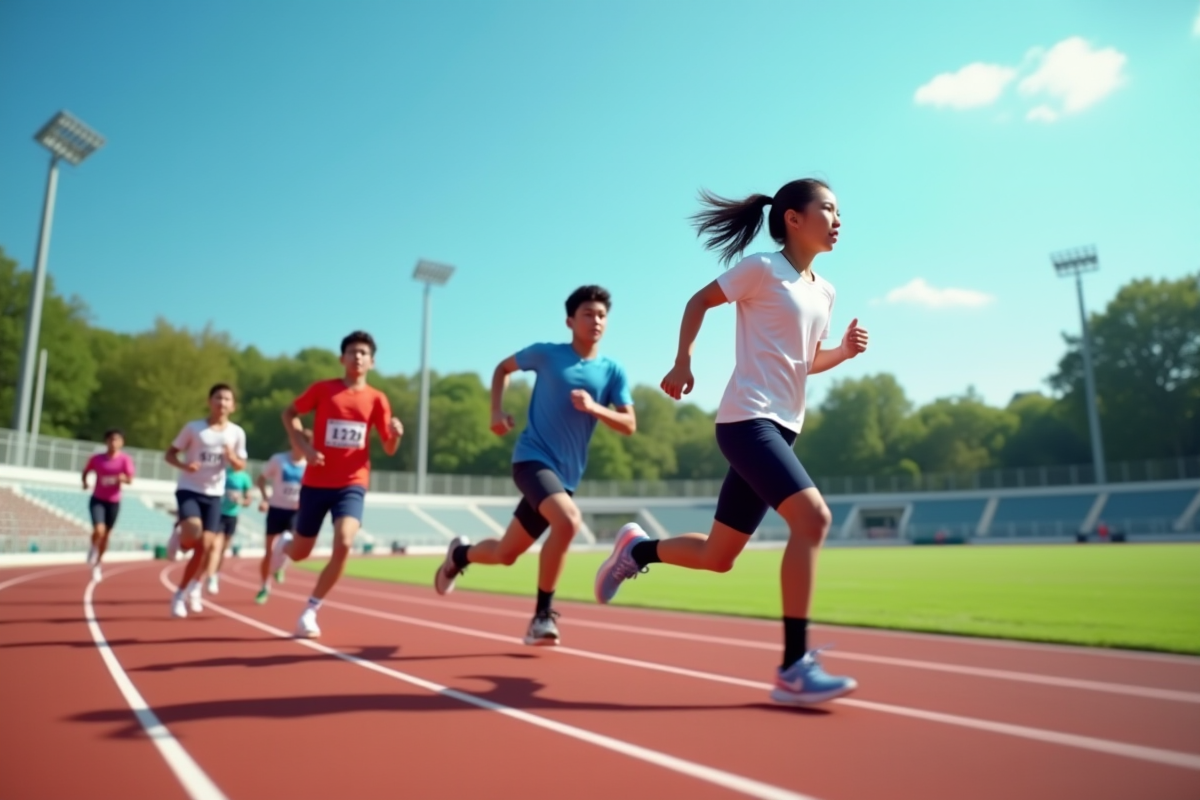 Jeunes athlètes en course sur une piste avec énergie en 2025