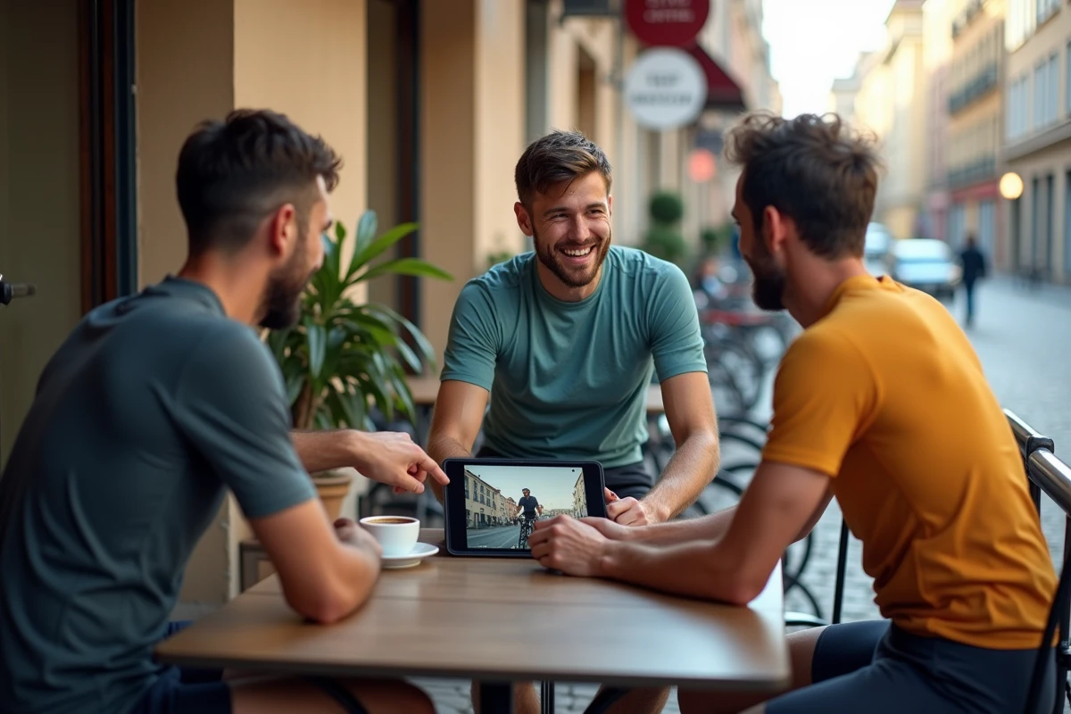 Groupe de jeunes cyclistes discutant autour d'une tablette en terrasse de café, débattant du modèle controversé de Lance Armstrong dans le cyclisme moderne