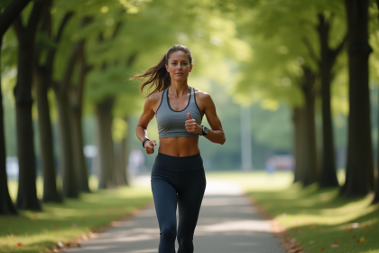 Femme d'âge moyen courant dans un parc ombragé