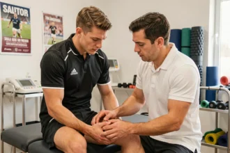 Joueur de rugby All Blacks examiné par un physiothérapeute dans une salle de soins sportifs moderne après une blessure au genou