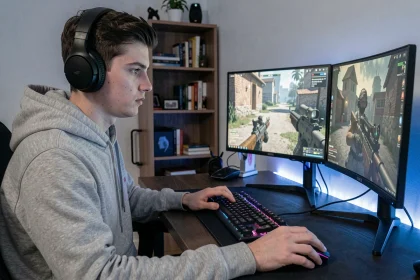 Jeune joueur débutant concentré sur son écran de jeu Valorant à son bureau gaming
