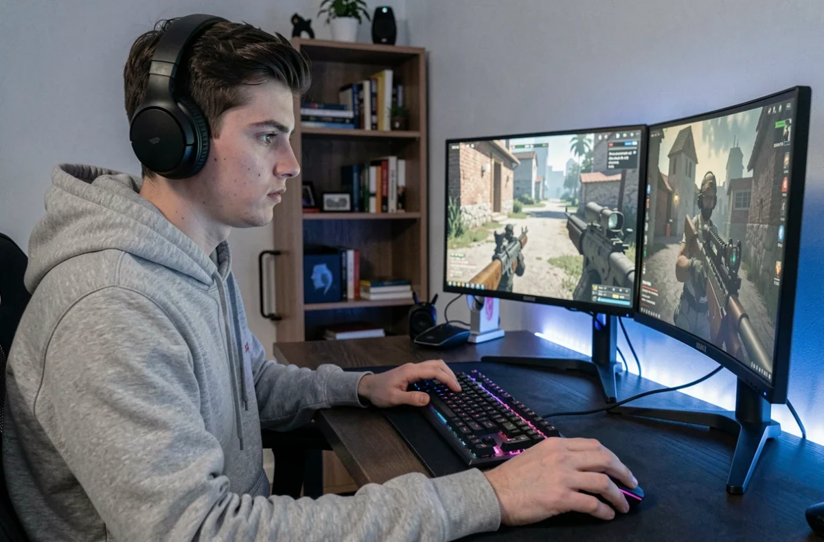 Jeune joueur débutant concentré sur son écran de jeu Valorant à son bureau gaming