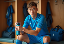 Jeune joueur de football en préparation avant match