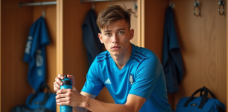 Jeune joueur de football en préparation avant match