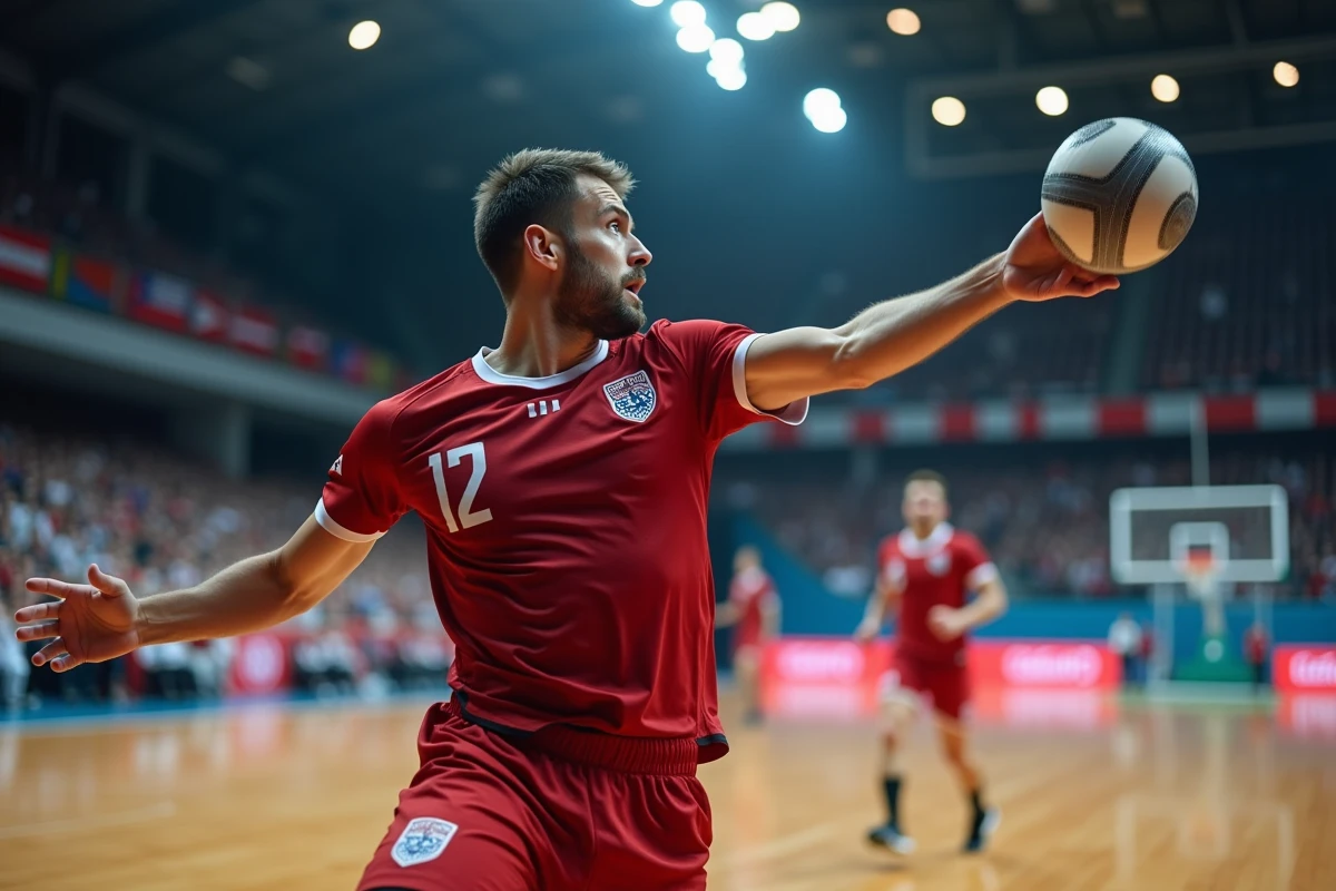 Joueur de handball en maillot rouge en pleine action de tir lors du match Portugal contre Danemark