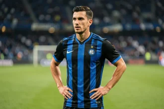 Joueur de l'Inter Milan en maillot rayé noir et bleu sur la pelouse du stade, posture athlétique confiante