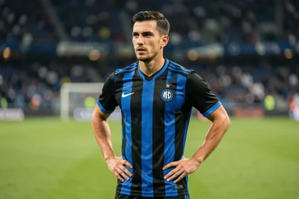 Joueur de l'Inter Milan en maillot rayé noir et bleu sur la pelouse du stade, posture athlétique confiante