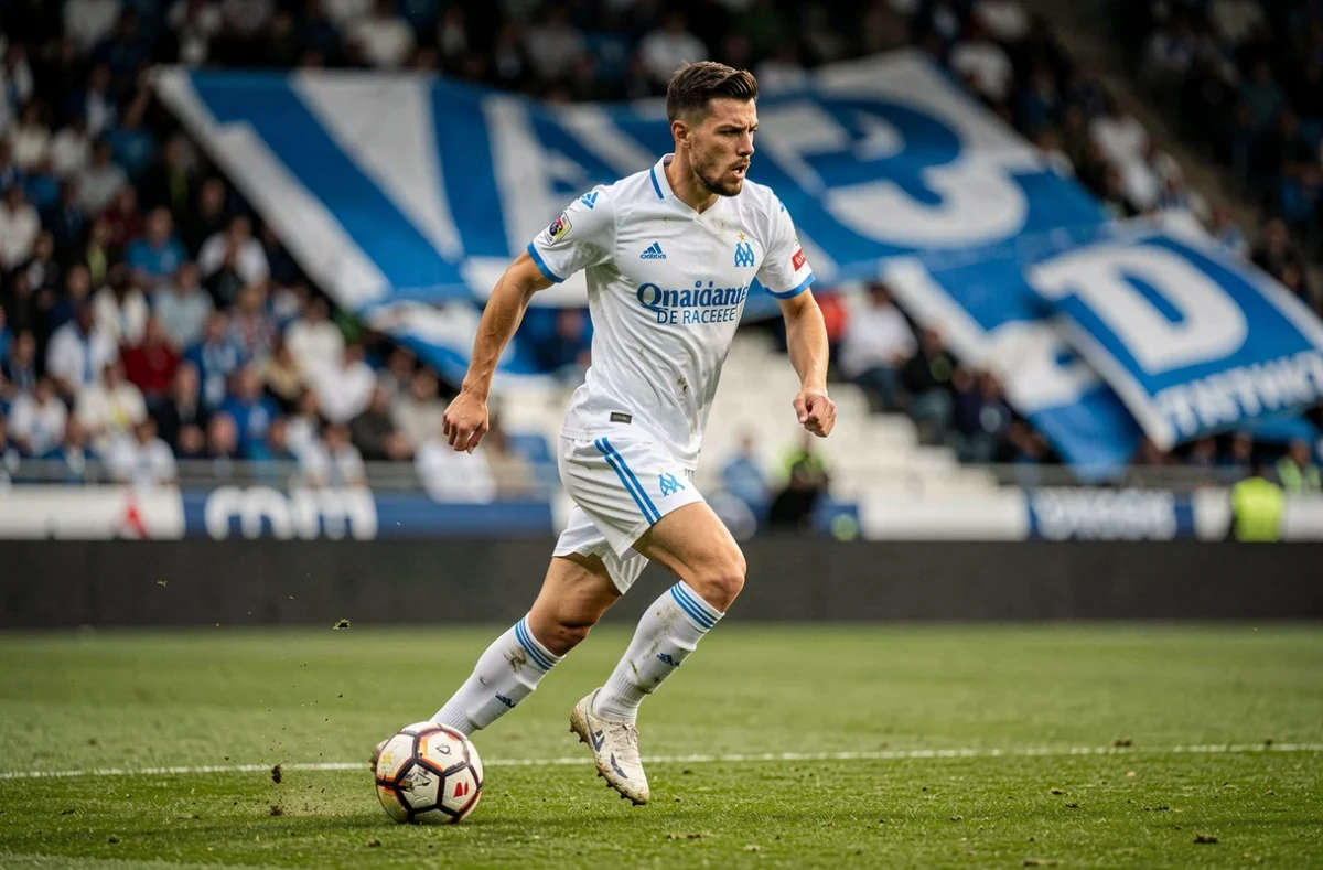 Joueur de l'OM en action avec le ballon lors d'un match à domicile au Vélodrome devant les tribunes
