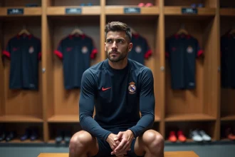 Joueur remplaçant du PSG assis dans le vestiaire du Parc des Princes, réfléchissant à sa situation dans le club