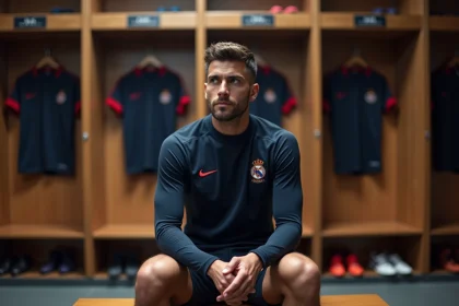 Joueur remplaçant du PSG assis dans le vestiaire du Parc des Princes, réfléchissant à sa situation dans le club