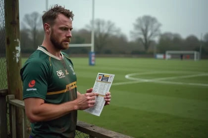 Joueur de rugby fédéral tenant un planning de match en bordure de terrain lors d'une compétition de Fédérale 3