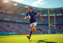 Joueur de rugby à sept français en pleine course avec le ballon