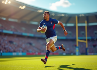 Joueur de rugby à sept français en pleine course avec le ballon