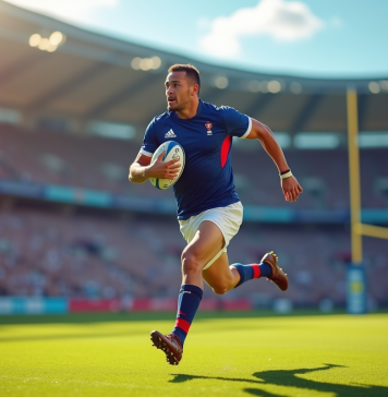 Joueur de rugby à sept français en pleine course avec le ballon