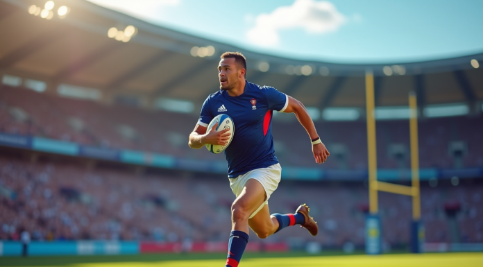 Joueur de rugby à sept français en pleine course avec le ballon