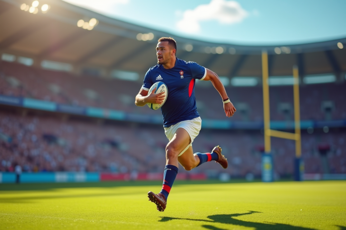 Joueur de rugby à sept français en pleine course avec le ballon