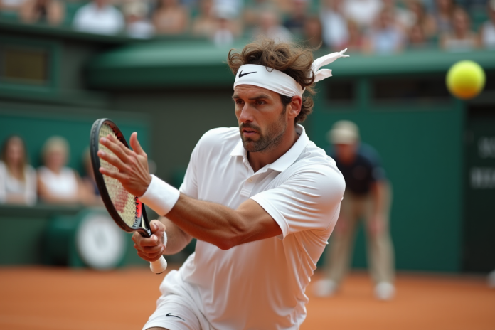 joueur-tennis-clay-swing Joueur de tennis masculin en action sur terre battue
