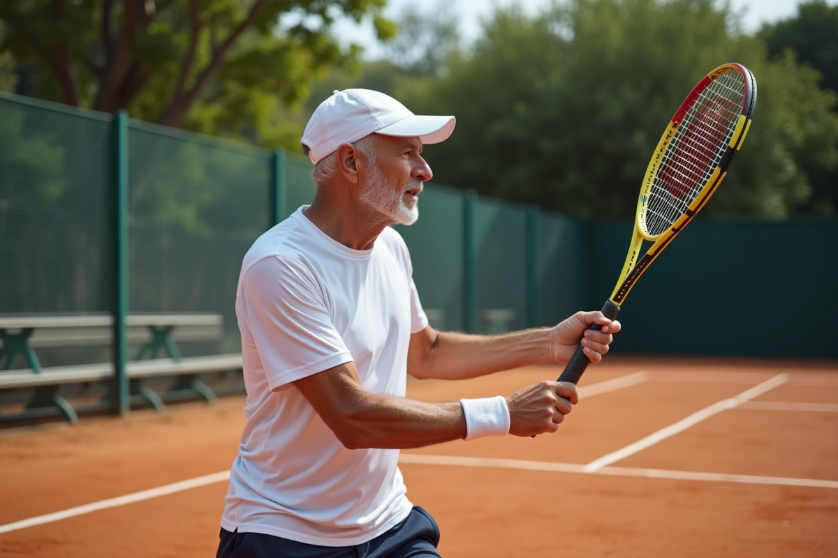 Homme senior en tenue de tennis en pleine action