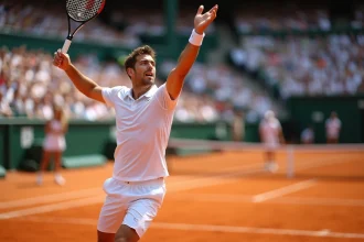 Joueur de tennis masculin en plein service sur un court en terre battue lors d'un Grand Chelem, avec un stade comble en arrière-plan