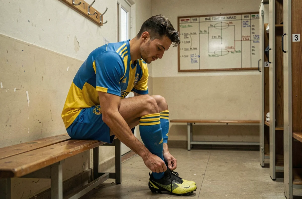 Footballeur professionnel seul dans les vestiaires d'un club de Ligue 1 à petit budget, laçant ses crampons sur un banc en bois dans une salle fonctionnelle
