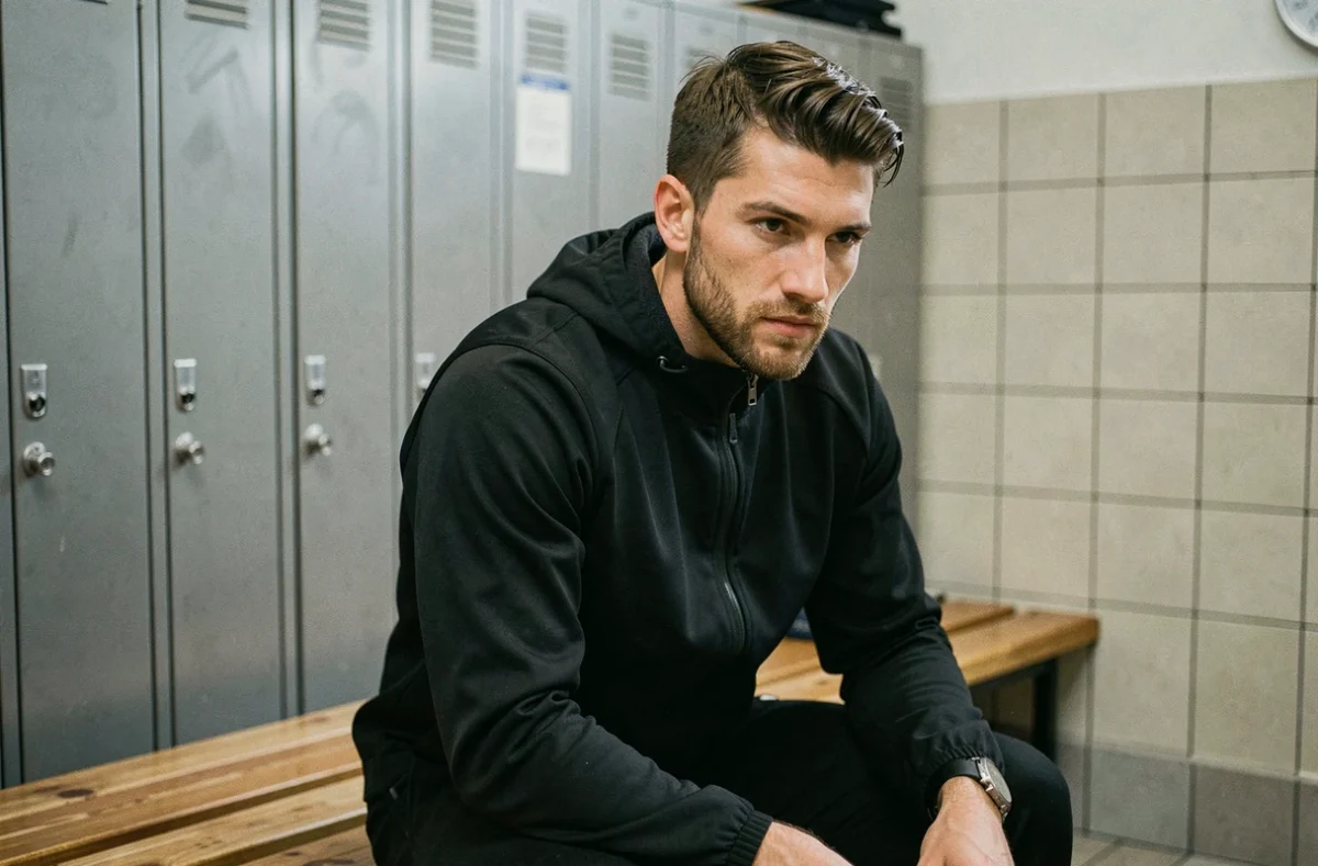Joueur de football professionnel dans un vestiaire attendant une décision de transfert vers l'Inter Milan