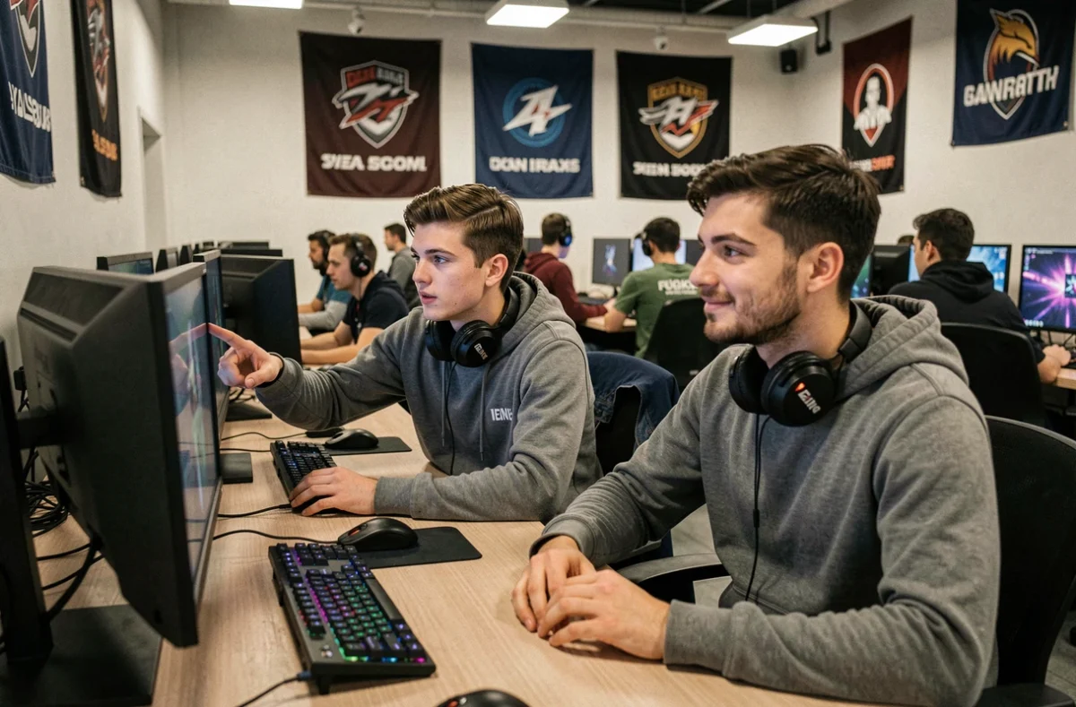 Deux joueurs confirmés de Valorant analysant leur stratégie dans une salle de gaming compétitif