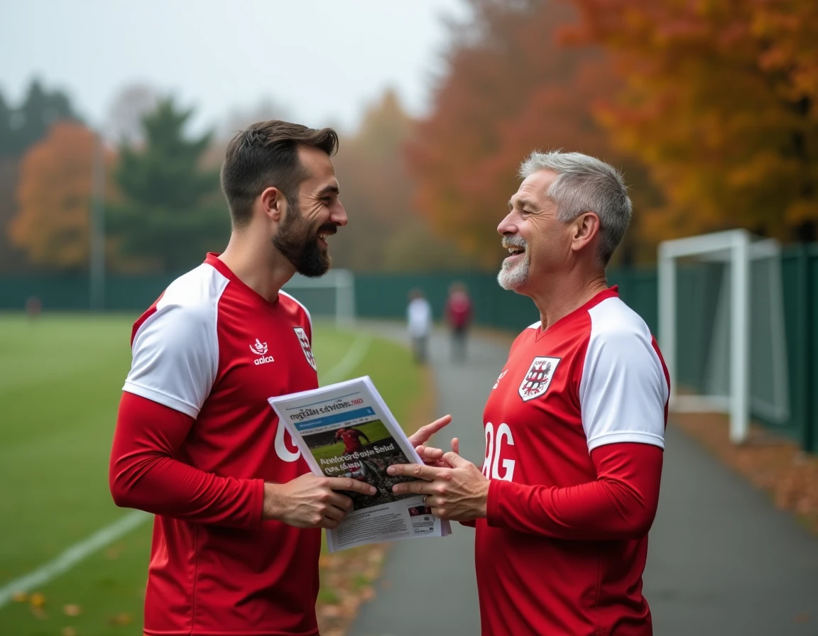 Deux joueurs de football amateur comparant un programme imprim&eacute; et un site de sport local sur tablette au bord d'un terrain